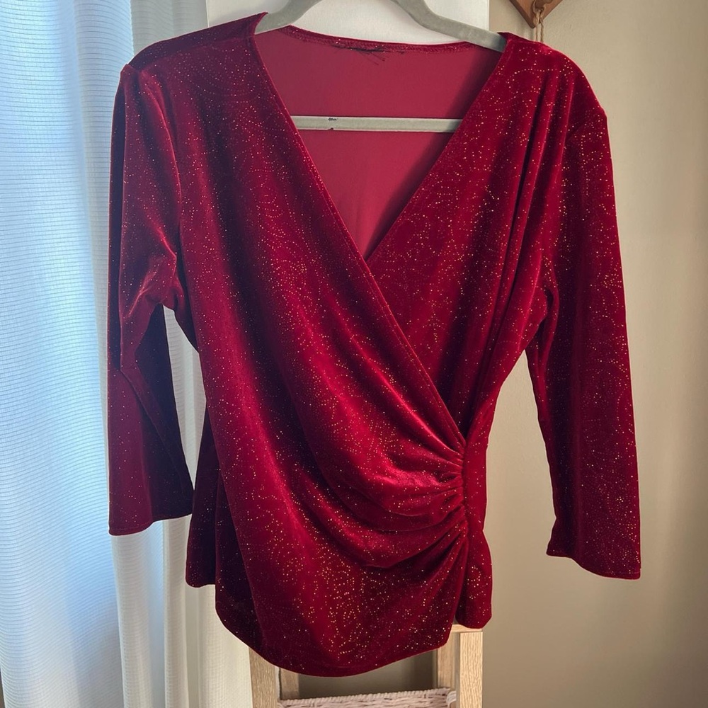 Vintage Red Glitter Velvet Wrap Blouse